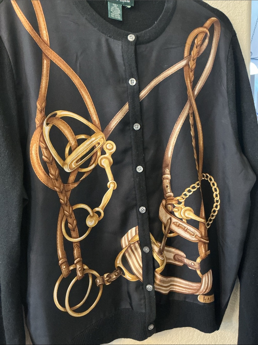 Ralph Lauren Black Gold-Print Button Cardigan Sweater SZ L - Picture 2 of 5